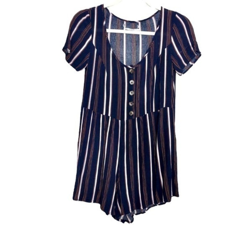 Urban Outfitters Womens Navy Striped Playsuit Romper XS Short Sleeve Button Up